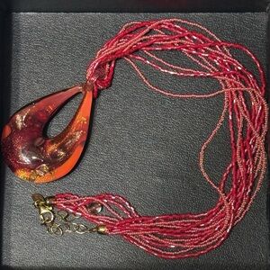 Elegant Red and Gold Murano Glass Teardrop Necklace - 18k inside pendent